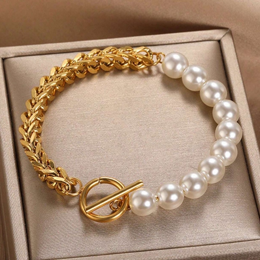 Luxe Stainless Steel Faux Pearl Chain Toggle Bracelet